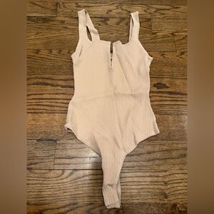 Guess Ribbed Knit Bodysuit Beige Cutout Strap Sleeveless Hook Front Size S